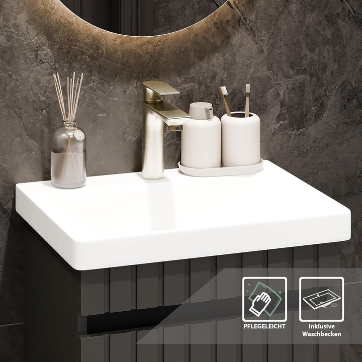 Planetmöbel Cosmia Badmöbel Set Waschbecken mit Unterschrank 50 x 60 x 35 cm Anthrazit, Spiegel mit