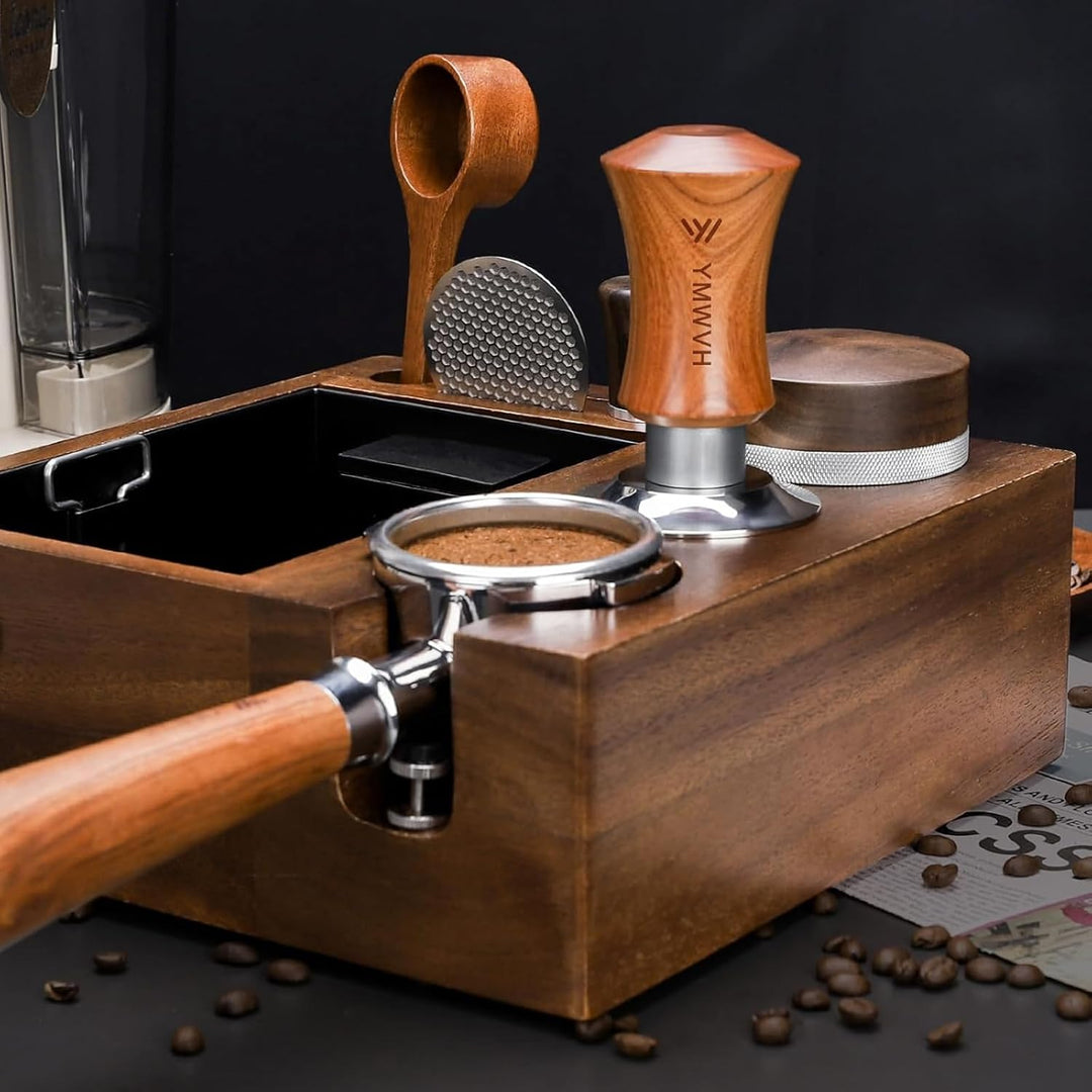 Premium Espresso Tamper mit Base Ripple 51mm - Kaffeestampfer aus Edelstahl mit formschönem Walnuss-