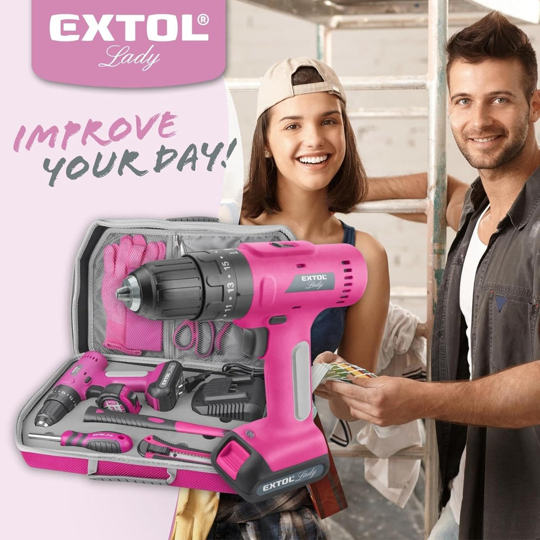 Extol Lady Akku Bohrschrauber Set 27-tlg. I 12V Li-Ion Frauen Akku-Schrauber Pink mit Schlagfunktion