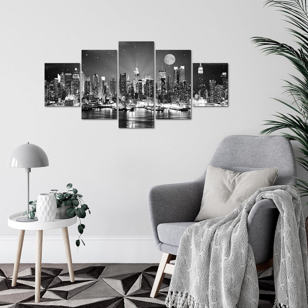 Runa Art Wandbilder New York City 5 Teilig Bild auf Vlies Leinwand Deko Wohnzimmer Büro Skyline Schw