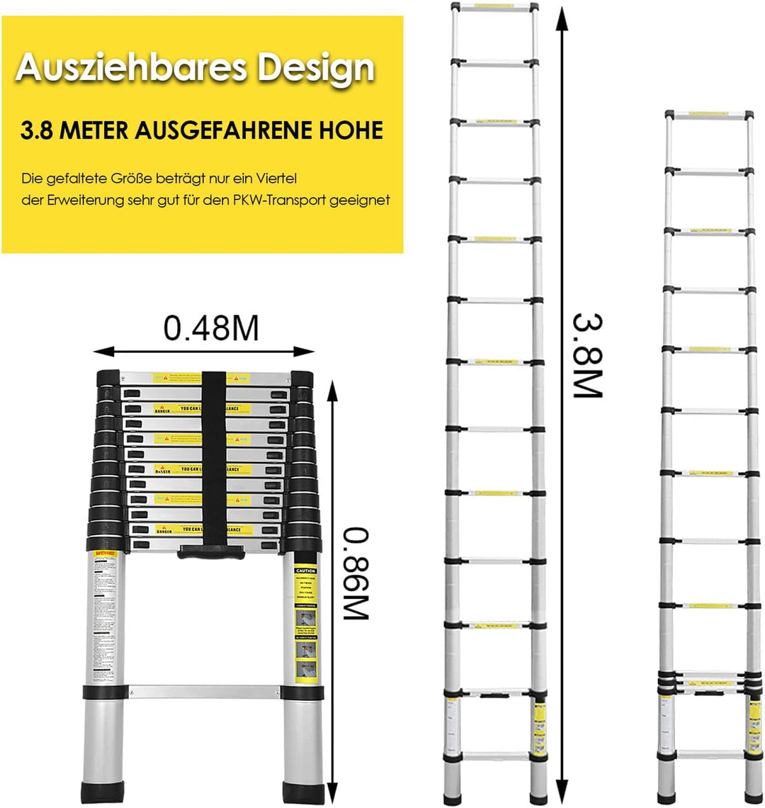 Eulenke 3,8M Teleskopleiter, Rutschfester Mehrzweckleiter 150 kg Belastbarkeit, Aluleiter Haushaltsl