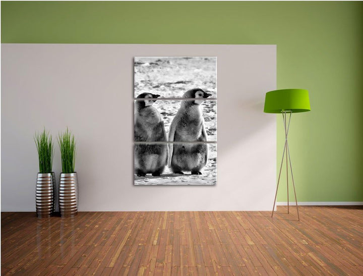 Pixxprint Monocrome, Vier Kaiserpinguin-Küken 3-Teiler Leinwandbild 120x80 Bild auf Leinwand