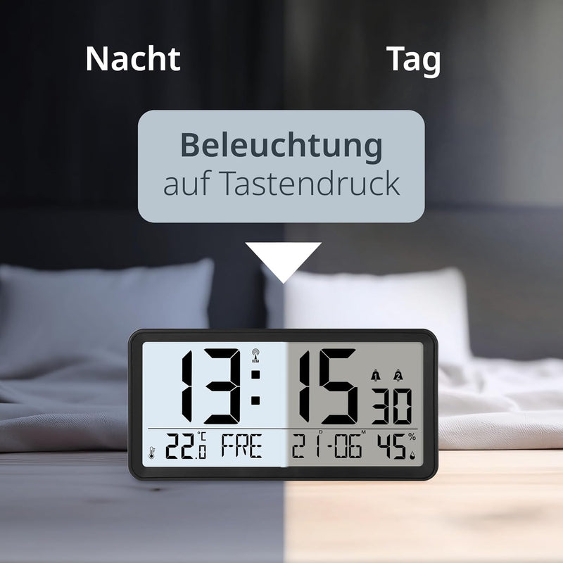 ADE Digitaler Funkwecker mit XXL-Ziffern | Tischuhr und Funkwecker mit Kalenderfunktion | mit Temper