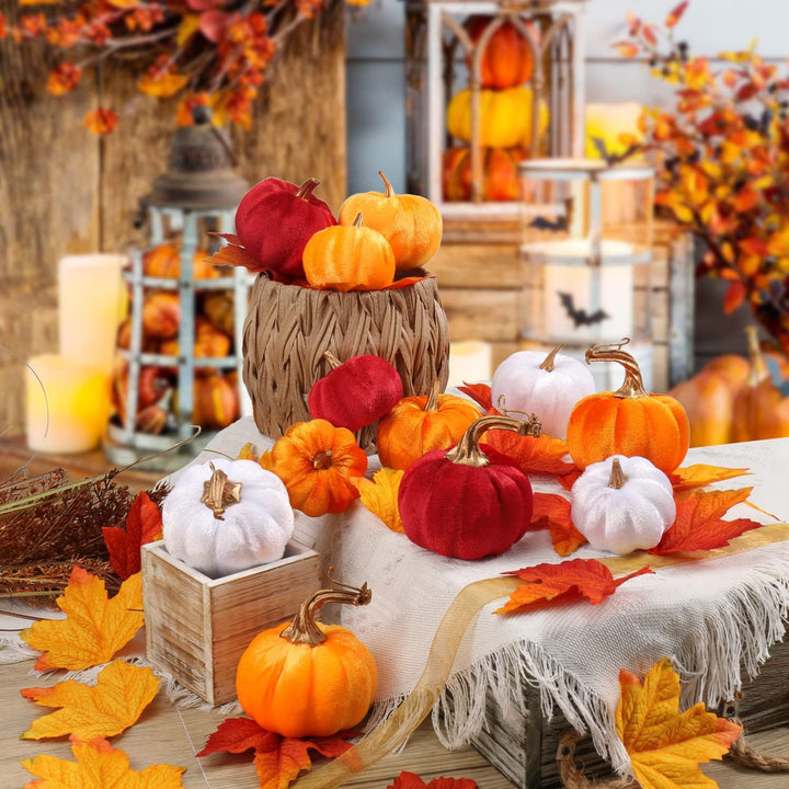 12PCS Herbst Deko, Halloween Kürbis set, Kürbisse , Samt Plastik mini mit 24 Pcs künstliche Ahornblä