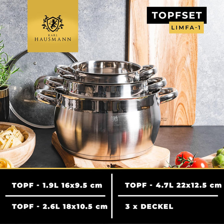 Topfset Induktion 3-teilig, Kochtopf Set mit Glasdeckel, Edelstahl mattiert, Induktions Töpfe Set un