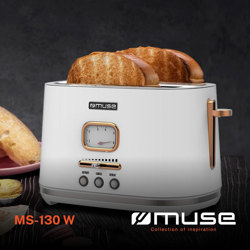 Muse Edelstahl-Toaster im weissen Retro Design, analoge Anzeige, beleuchtete Tasten, 6 Bräunungsstuf