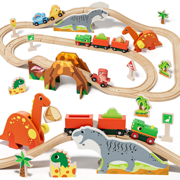 Lehoo Castle Holzeisenbahn, Holz Eisenbahn Kinder, Dinosaurier Spielzeug Holzeisenbahn Schienen, Din