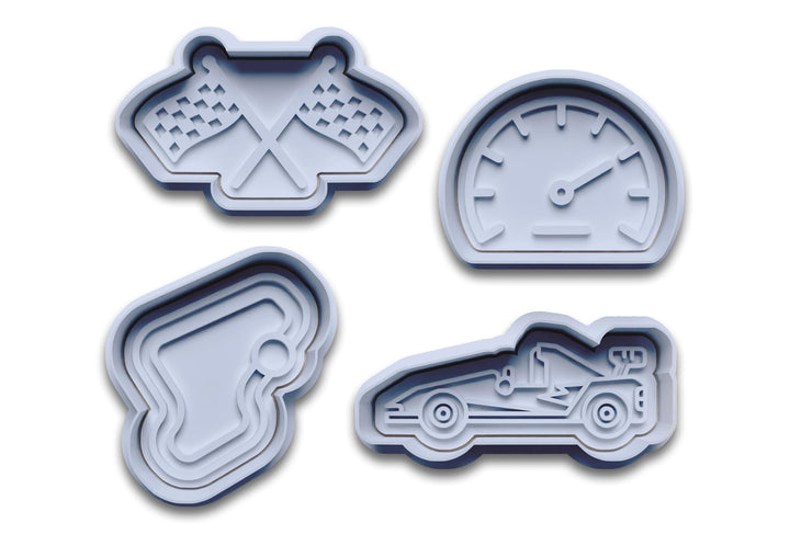 4er Set Keksausstecher Rennsport – Schwarz – 2-teilig mit Stempel – Rennwagen, Zielflagge, Rennstrec