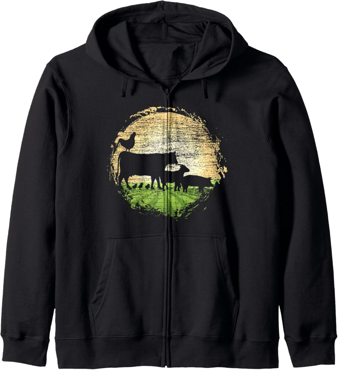 Farming Farmer Ziege Huhn Kuh Schwein Sonnenuntergang Bauernhof Tier Kapuzenjacke