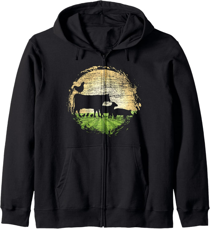Farming Farmer Ziege Huhn Kuh Schwein Sonnenuntergang Bauernhof Tier Kapuzenjacke