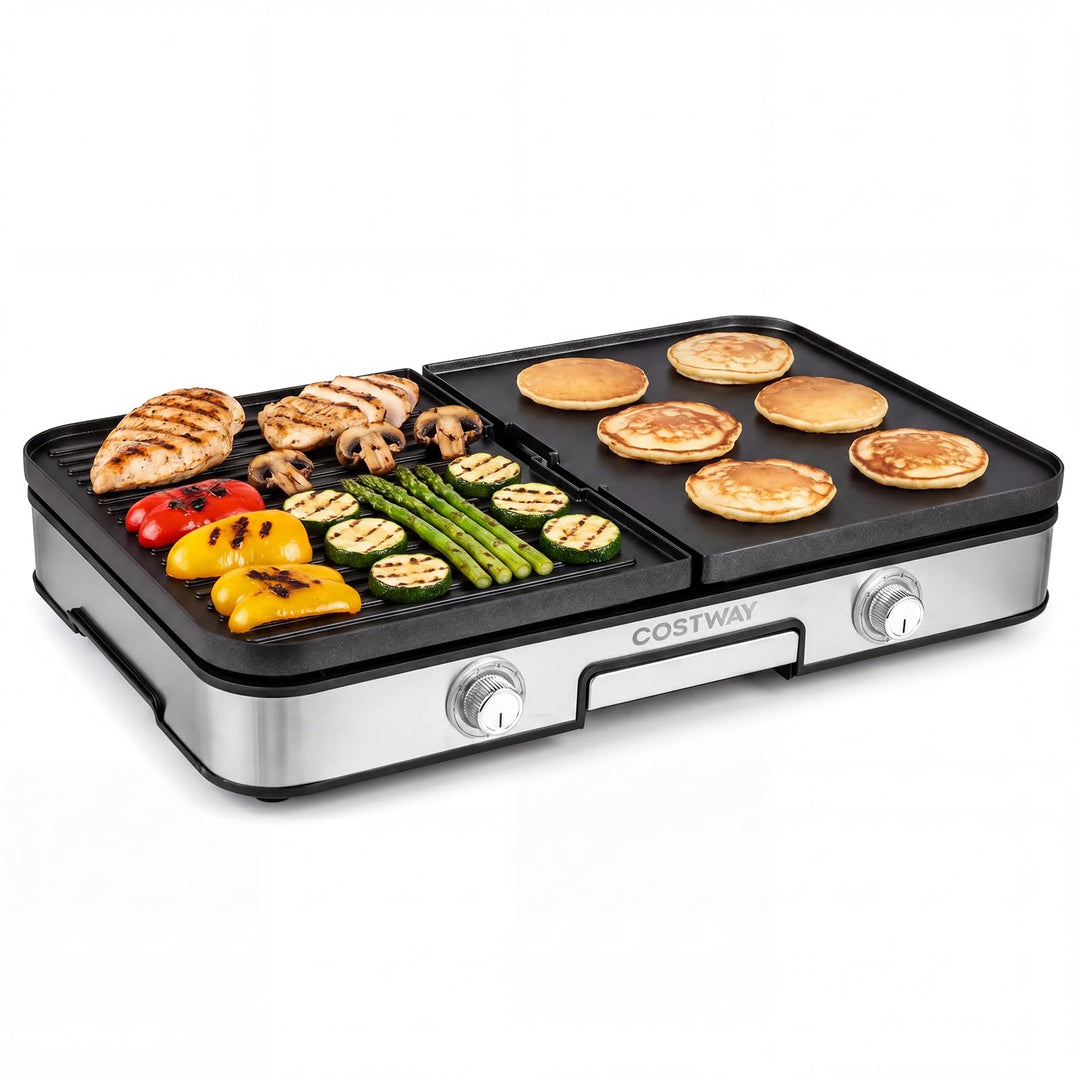 COSTWAY Tischgrill elektrisch, 2000W Elektrogrill mit Spritzschutz, 2 Thermostate, 6 Temperatureinst