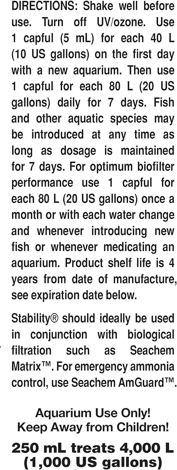 Seachem Stabilitätswasseraufbereitung Stability Tank Stabilization System 250 ml (1er Pack) Mehrfarb