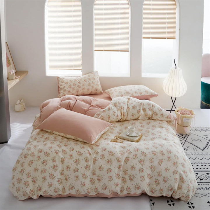 Freyamy Blumen Bettwäsche 135x200cm 2teilig Beige Rosa Grün Floral Mädchen Bettwaren-Sets Microfaser