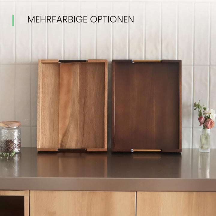 Joy&Grace Ottoman Tablett für Wohnzimmer, grosses Serviertablett aus Akazienholz mit Griffen, Holzta