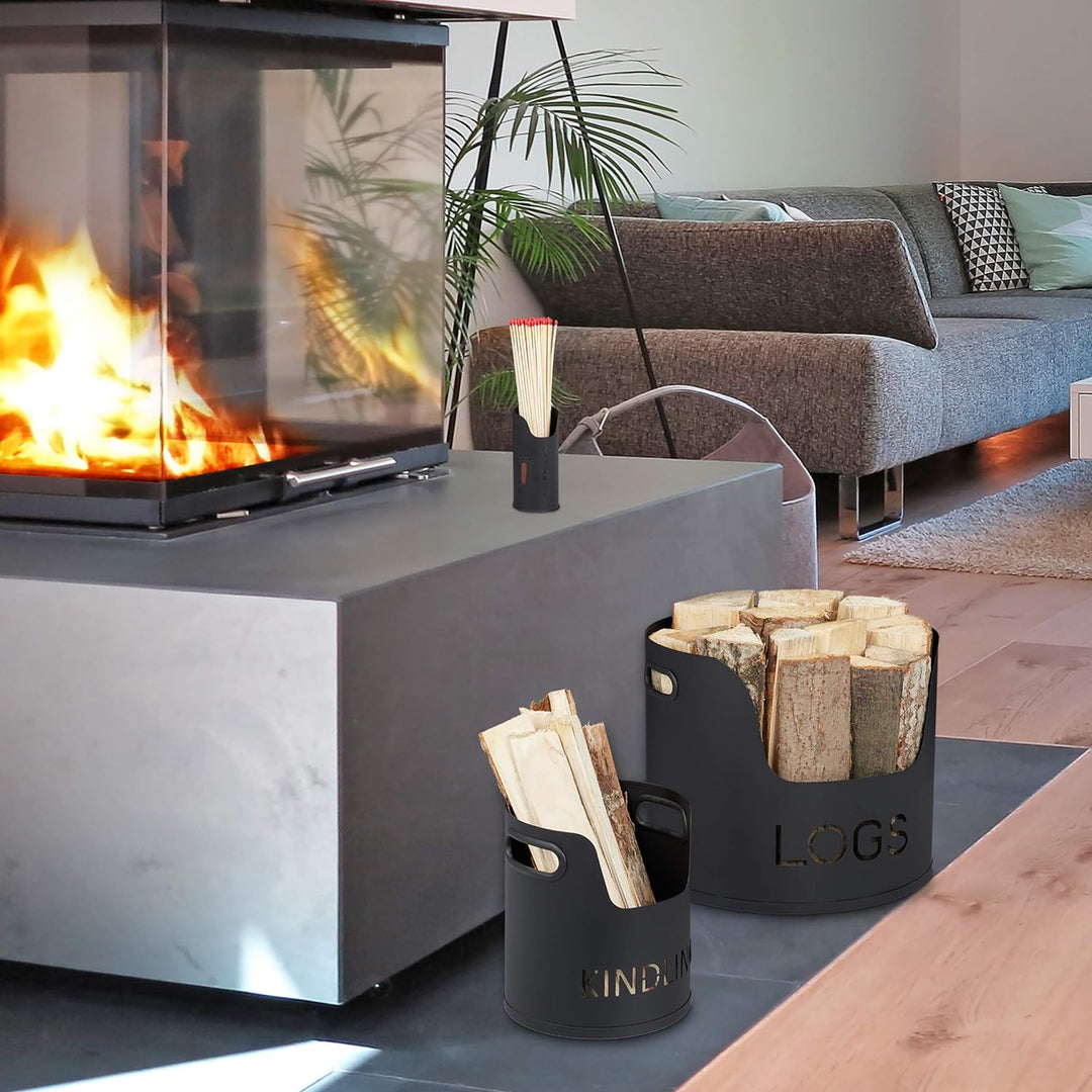 Relaxdays 10033836 Kaminholzkorb 3er Set, für Kaminholz, Anmachholz &amp; Streichhölzer, Holzkorb Metall
