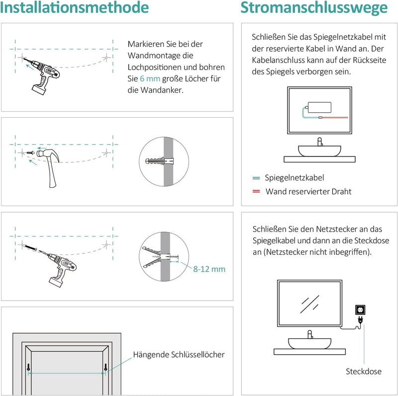 EMKE LED Badspiegel 80x60cm Badezimmerspiegel mit Beleuchtung 3 Lichtfarbe 3000-6400K kaltweiss Neut