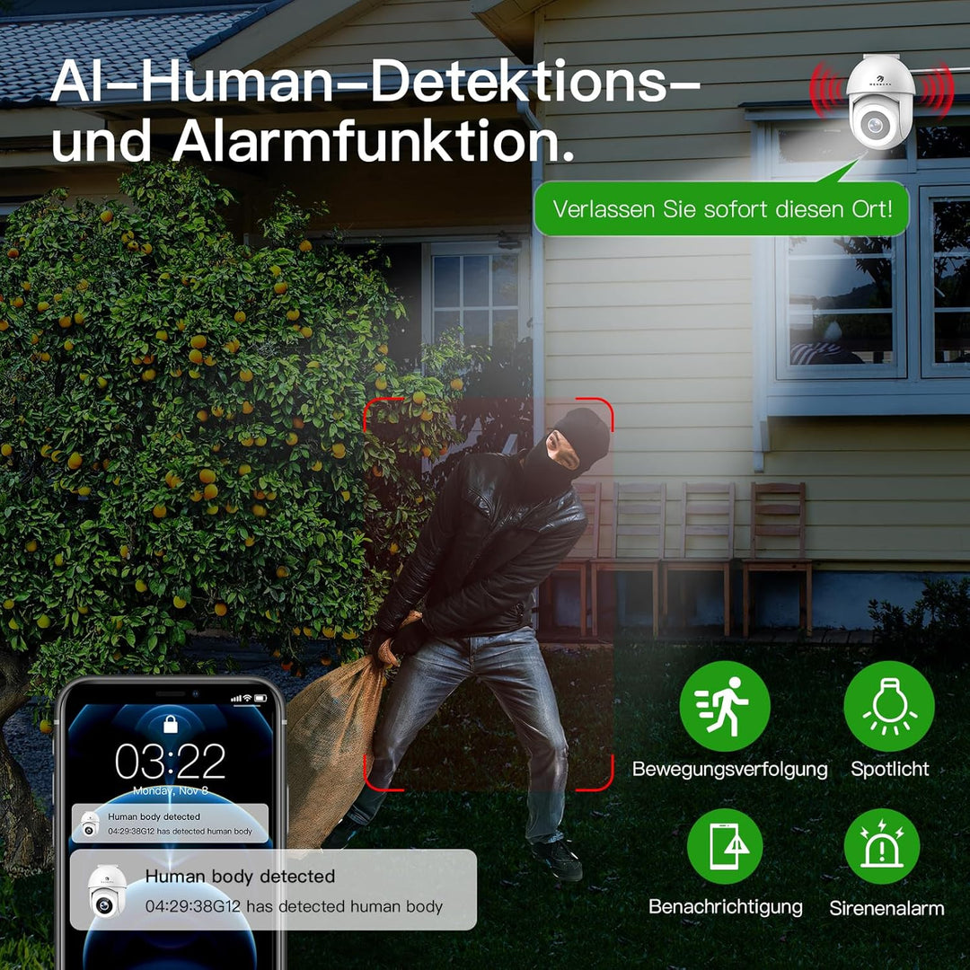 2,5K Überwachungskamera Aussen, 2,4/5GHz Kamera Überwachung mit Flutlicht, 360° Sichtbereich IP Kame