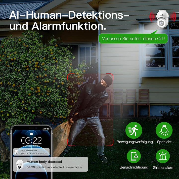 2,5K Überwachungskamera Aussen, 2,4/5GHz Kamera Überwachung mit Flutlicht, 360° Sichtbereich IP Kame