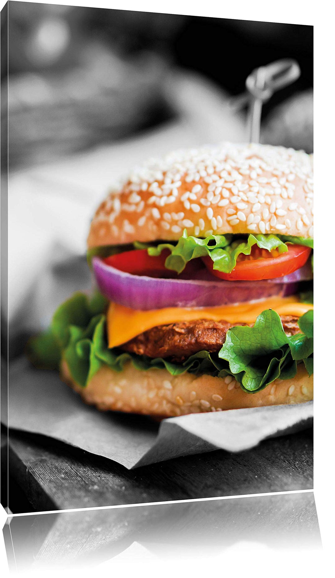 Pixxprint Perfekter Burger mit Pommes / 100x70cm Leinwandbild bespannt auf Holzrahmen/Wandbild Kunst