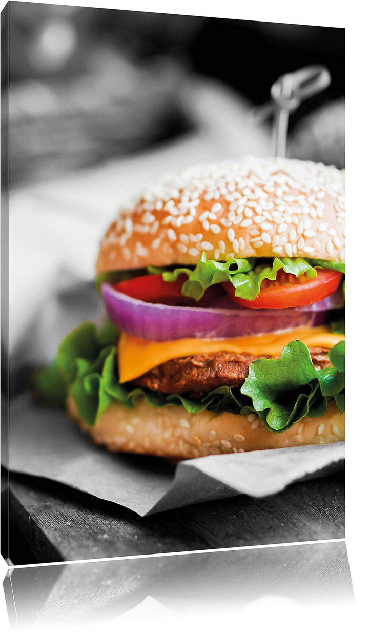 Pixxprint Perfekter Burger mit Pommes / 100x70cm Leinwandbild bespannt auf Holzrahmen/Wandbild Kunst