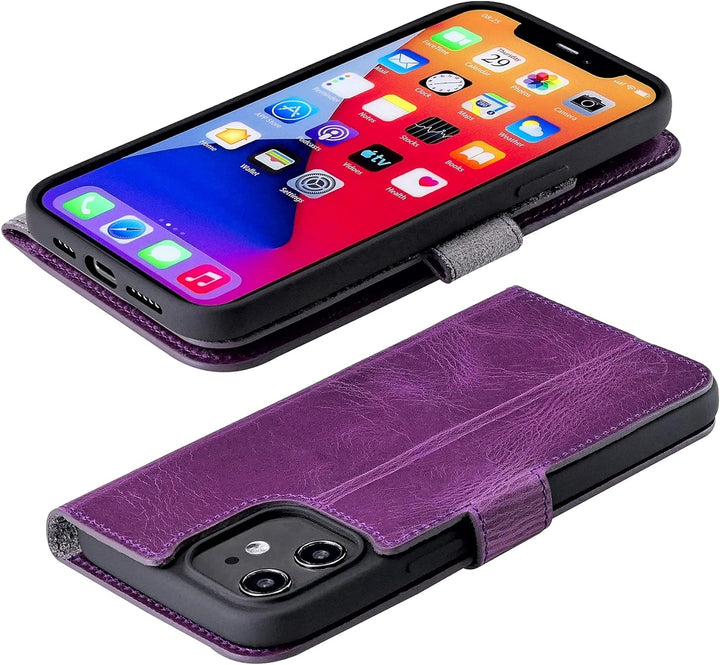 Suncase Book-Style Hülle kompatibel mit iPhone 12 (6.1") Leder Tasche (Slim-Fit) Lederhülle Handytas