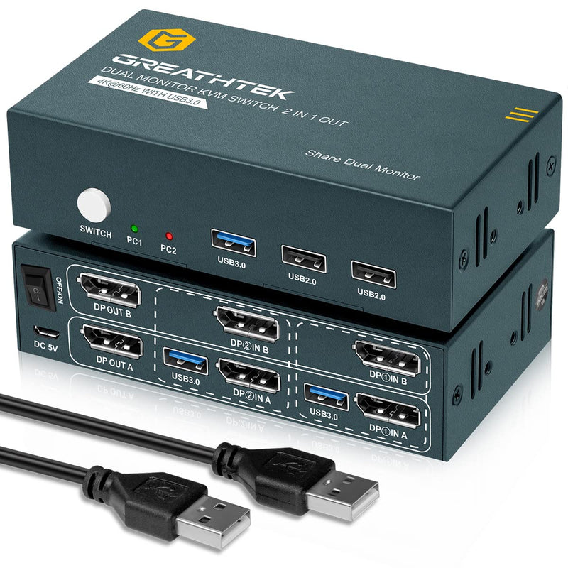 GREATHTEK USB3.0 Displayport KVM Switch 2 Monitore 2 Port, 4K@60Hz KVM Switch Displayport, DP1.2, KV