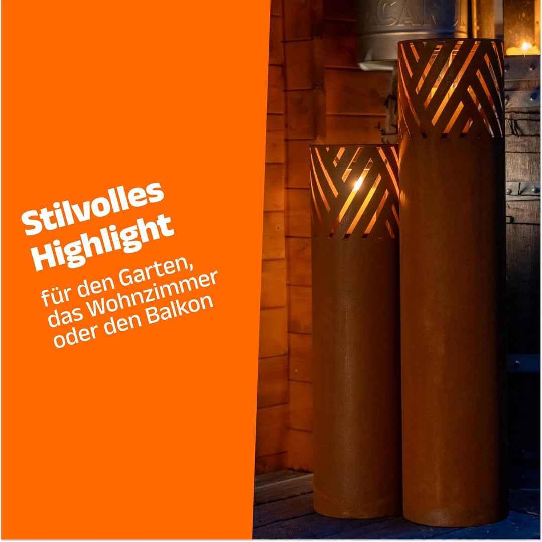 Windlichtsäule I 2er Set I Deko-Säule für Garten im Rost Industrial Design I Garten Windlicht für dr