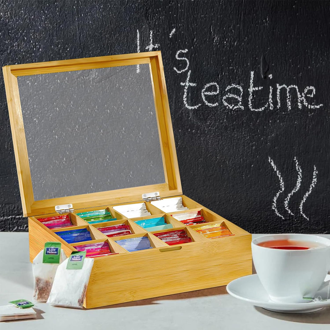 Teebox, Teebox aus Holz mit 12 Fächern und Sichtfenster, Teebeutel Aufbewahrungsbox, Teekiste Holz,