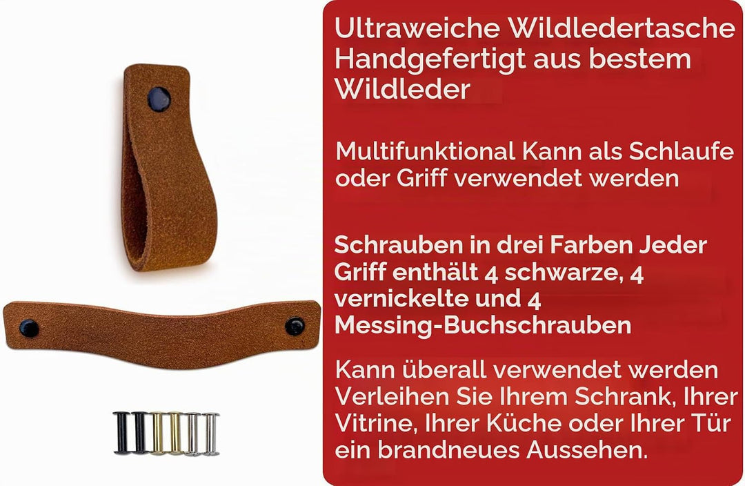 Brute Strength - Ledergriffe für Möbel - Wildleder - Cognac - 6 Stück - 16,5 x 2,5 cm - Schrankgriff