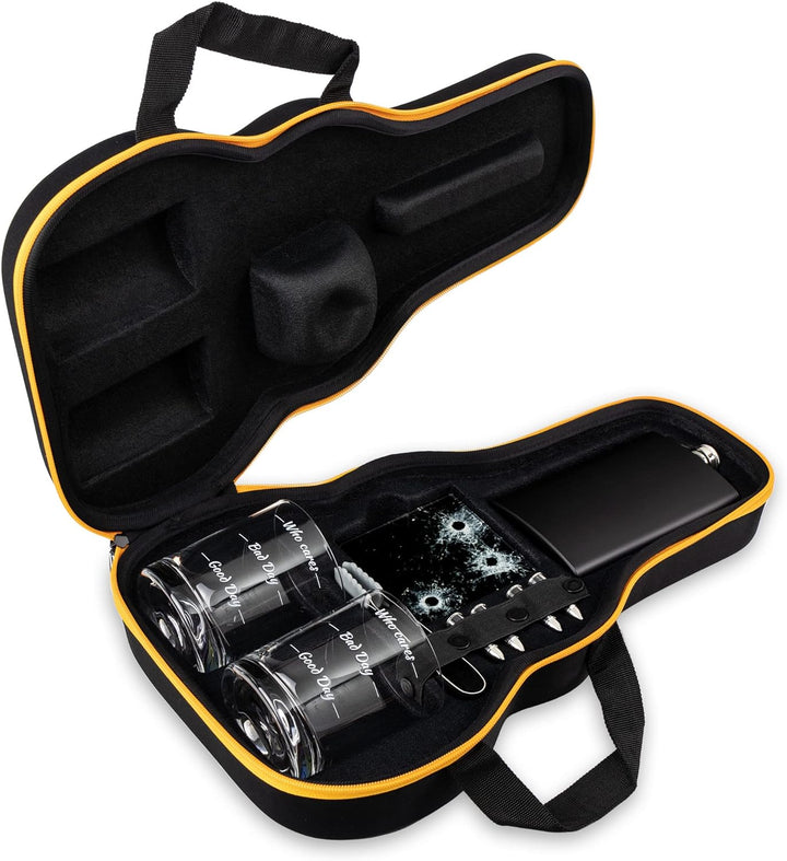 Froster Guitar Whisky Set – Who Cares, 2 Gläser mit Füllhöhen, Flachmann, 4 Whisky-Steine, Eiszange,