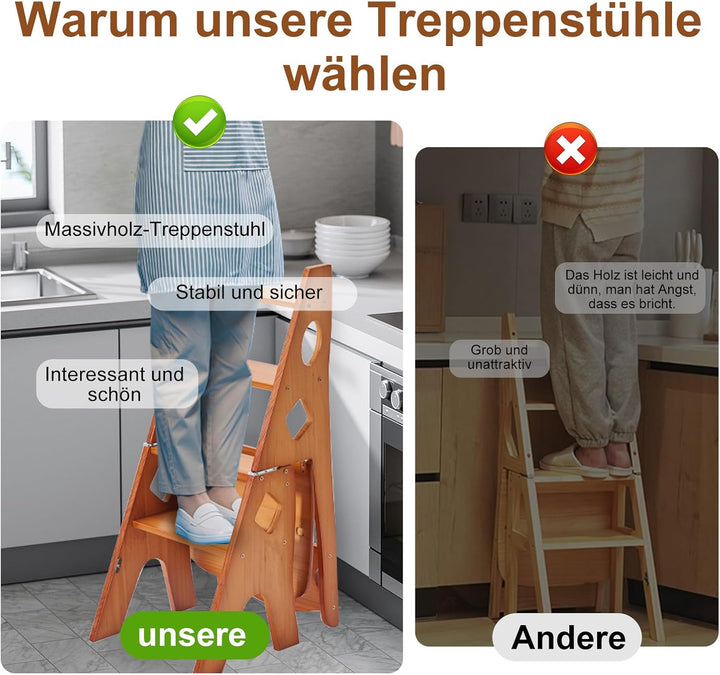Tritthocker 4 Stufen, Leiterstuhl Trittstuhl Klappbar, Leiterstuhl Holz 4 Stufen, Trittleiter aus Ma