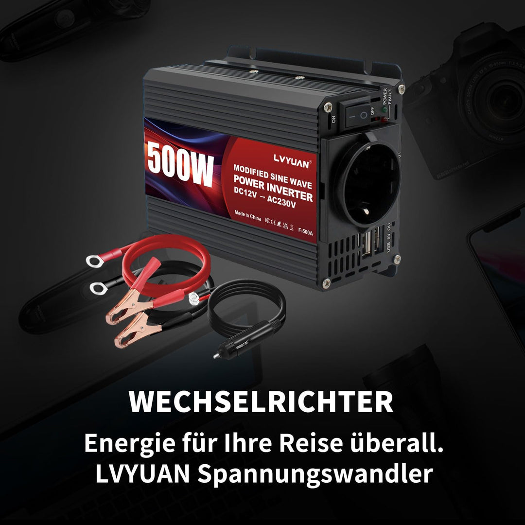 LVYUAN Wechselrichter 12V auf 230V 500W Spannungswandler, Stromwandler mit Dual-USB-Anschluss und EU