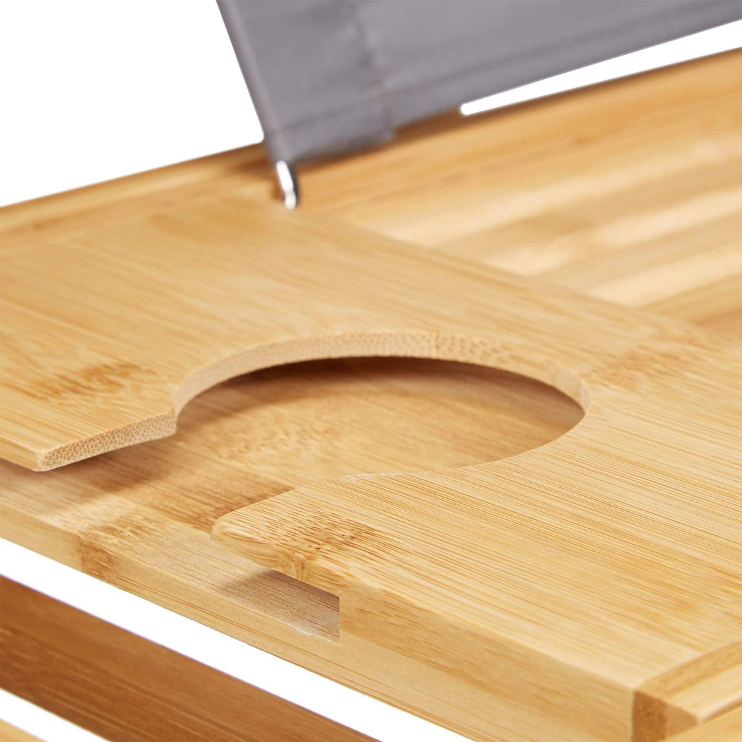 Relaxdays Bambus Badewannenablage & Tablett 2in1, Buchstütze, Weinhalter, Wannenablage, 74,5-114 cm