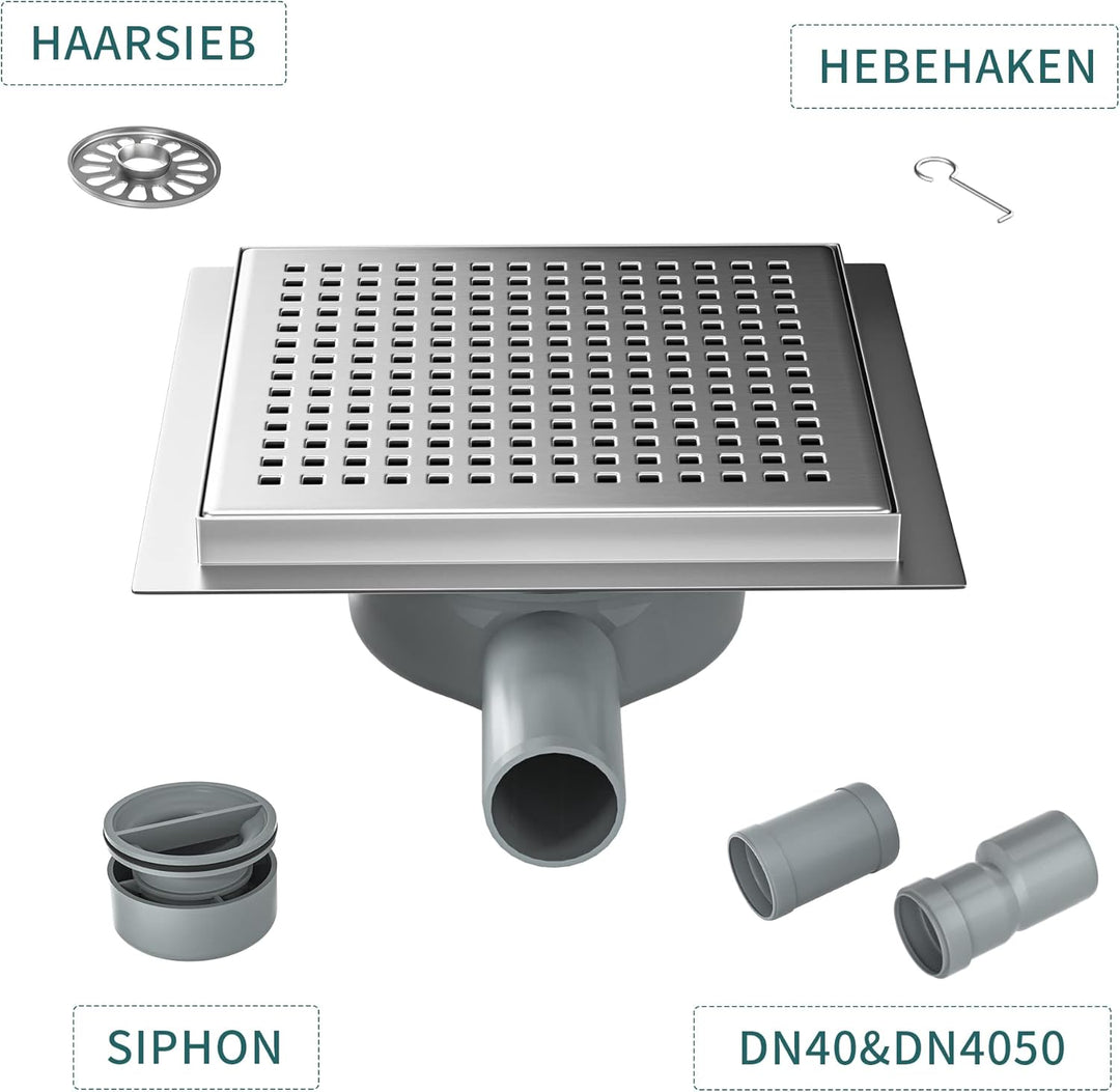 Bernkot Duschrinne Quadrat 20 * 20cm, 360° Siphon mit Geruchsstop und Haarsieb Edelstahl Ablaufrinne