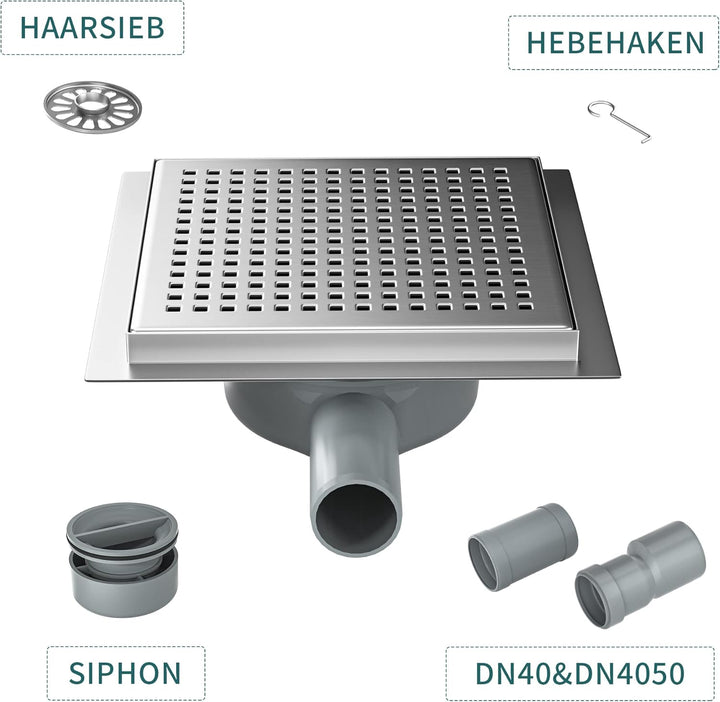 Bernkot Duschrinne Quadrat 20 * 20cm, 360° Siphon mit Geruchsstop und Haarsieb Edelstahl Ablaufrinne