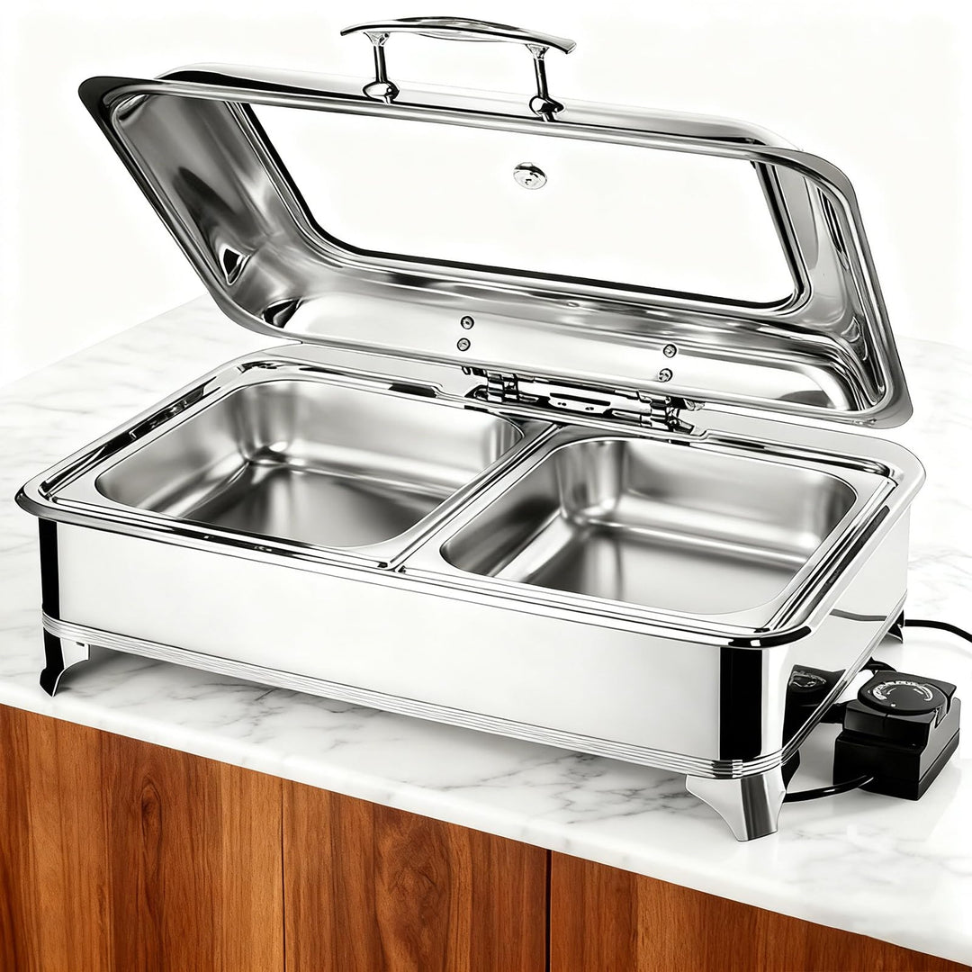 Chafing Dish Elektrisch 9L, Elektrische Speisewärmer Buffetwärmer mit Sichtbarem Glasdeckel, Kommerz