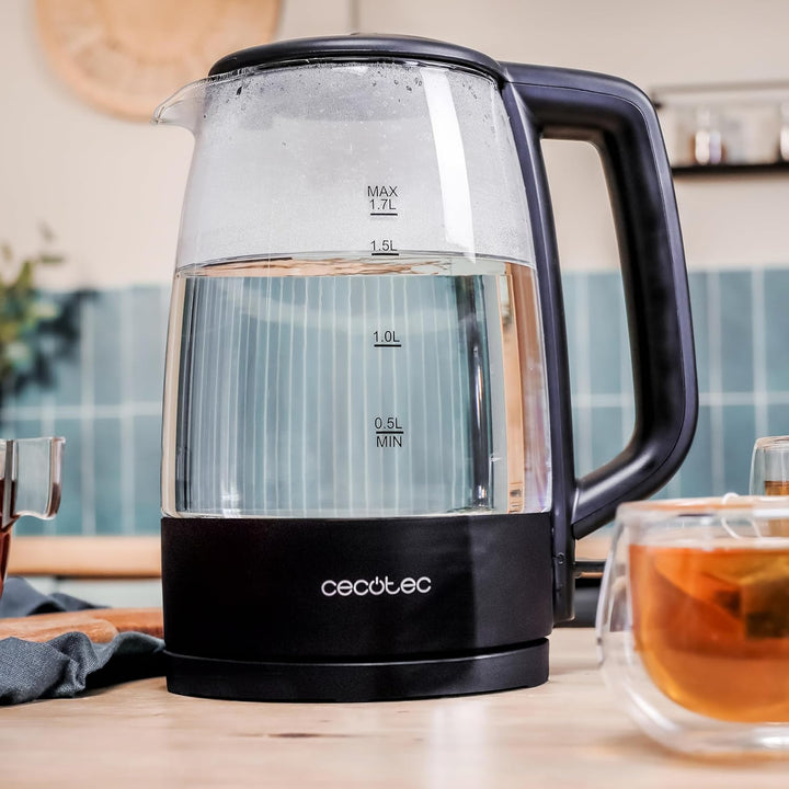 Cecotec Elektrischer Wasserkocher 1,7L ThermoSense 320 Clear, 2200W, Borosilikatglas, Leuchtanzeige,