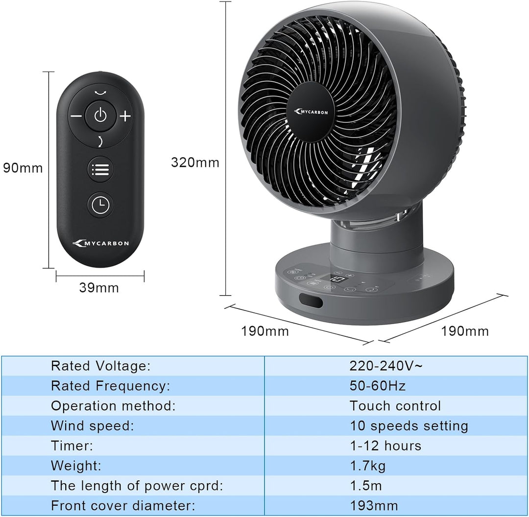 MYCARBON Ventilator leise DC Motor 30°/60°/90° Oszillation 10 Stufe 12h Timmer Turbo Modus Tischvent