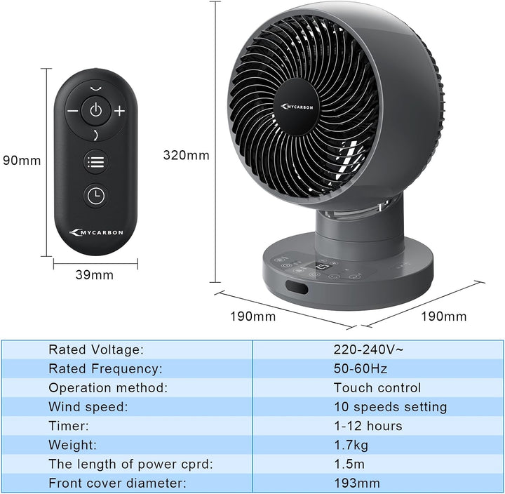 MYCARBON Ventilator leise DC Motor 30°/60°/90° Oszillation 10 Stufe 12h Timmer Turbo Modus Tischvent