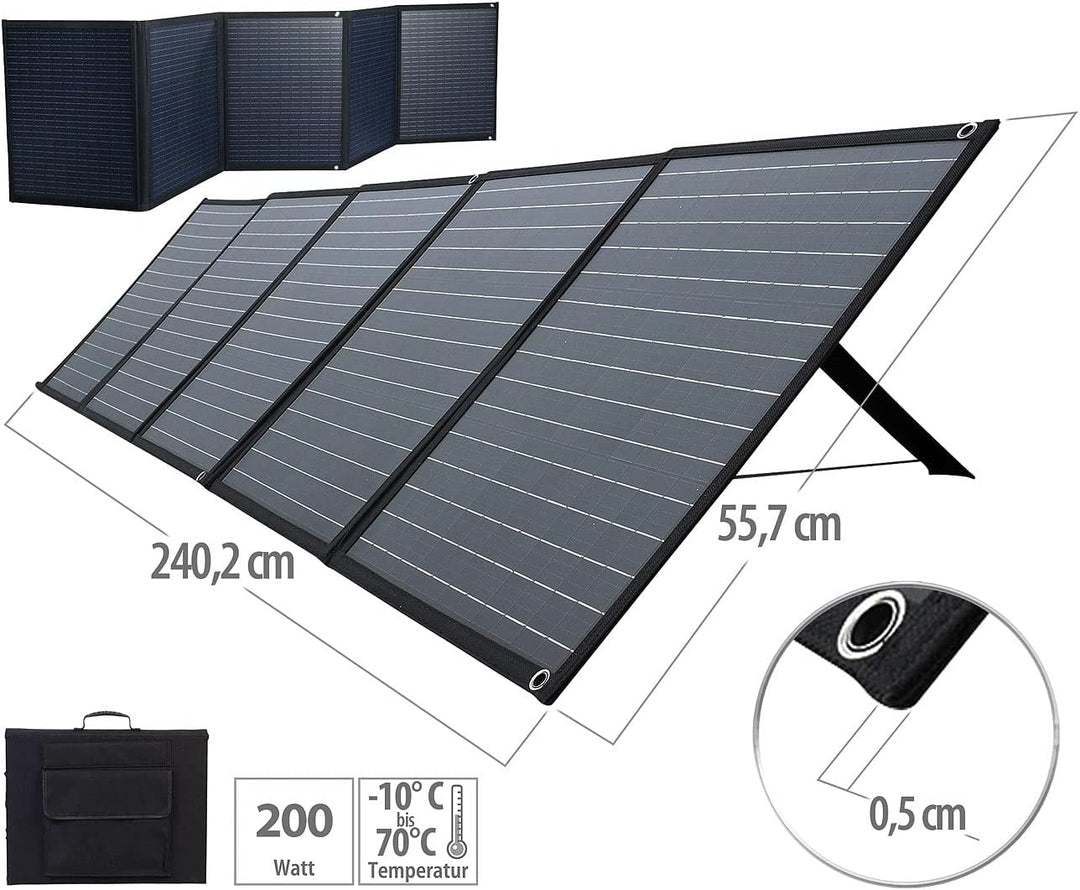 revolt Mobiles faltbares Solarpanel, 5 monokristalline Solarzellen, 200 Watt