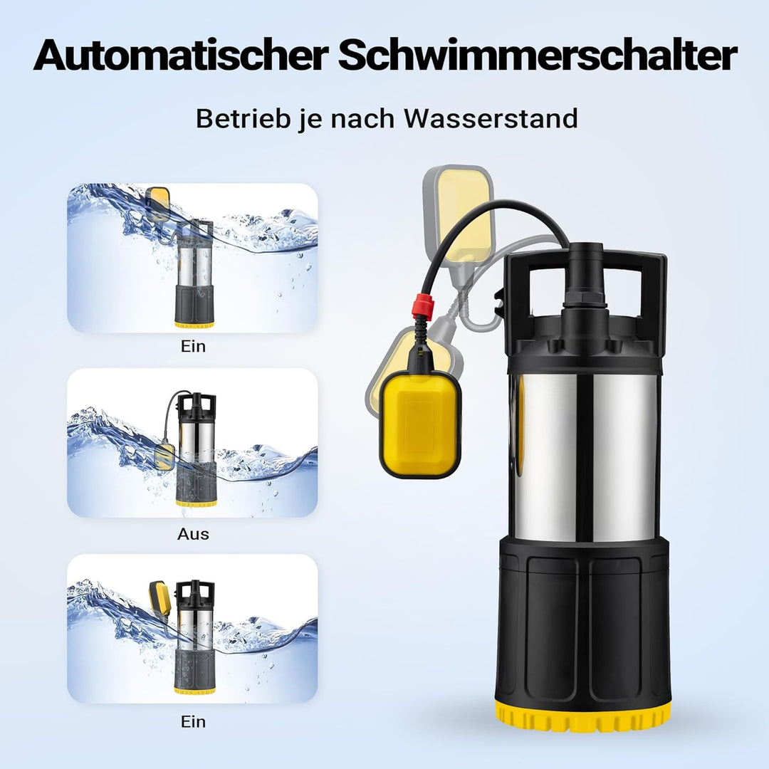 Wiltec Tauchpumpe mit Schwimmerschalter 1000 W, Tiefbrunnenpumpe bis 7 m Tiefe, Brunnenpumpe 30 m Fö