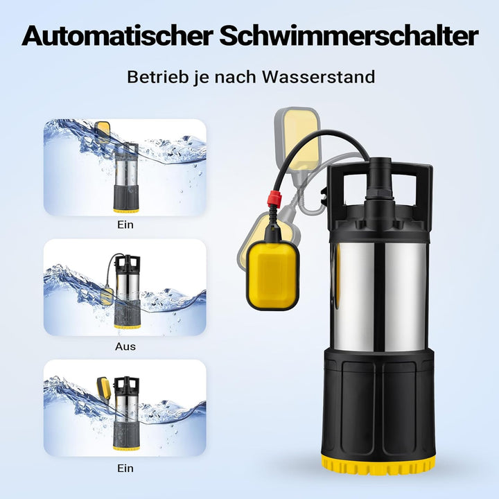 Wiltec Tauchpumpe mit Schwimmerschalter 1000 W, Tiefbrunnenpumpe bis 7 m Tiefe, Brunnenpumpe 30 m Fö