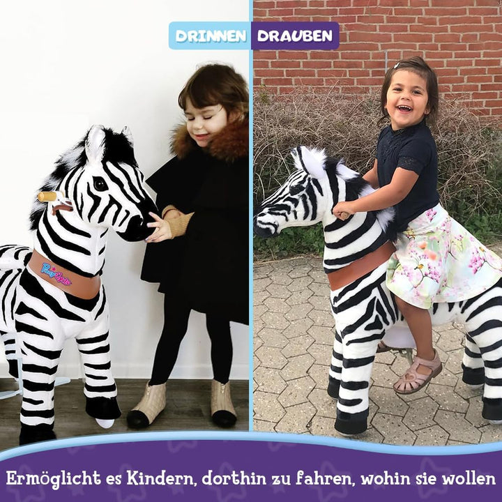 PonyCycle Zebra Pferd zum Reiten, für Kinder 4–7 Jahre, 76cm Hoch, Reitpferd auf Rollen mit Handbrem