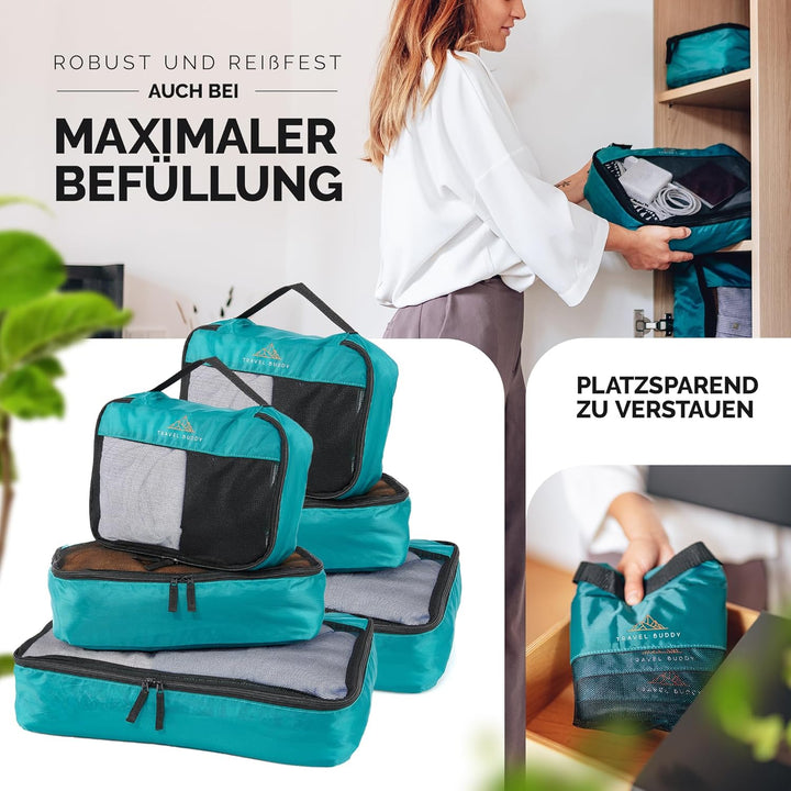 TRAVEL BUDDY® Koffer Organizer Set - 100% Recycling Material - Ultra leicht & waschbar - 6 Packtasch