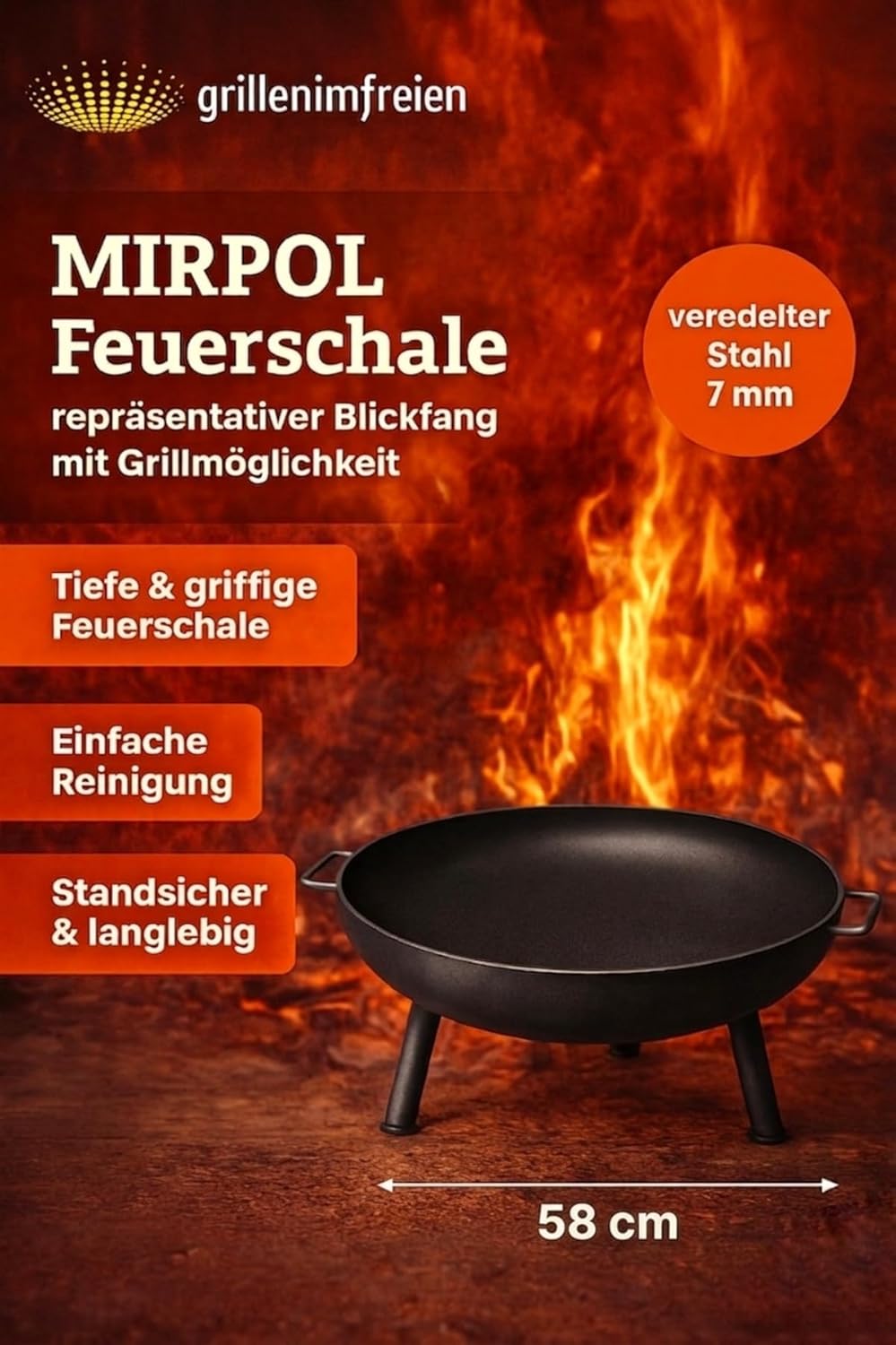 Mirpol Feuerschale Ø 43,5 cm, Rund, Schwarz Stahl, mit Griffen & 3 Standfüssen – Garten- & Terrassen