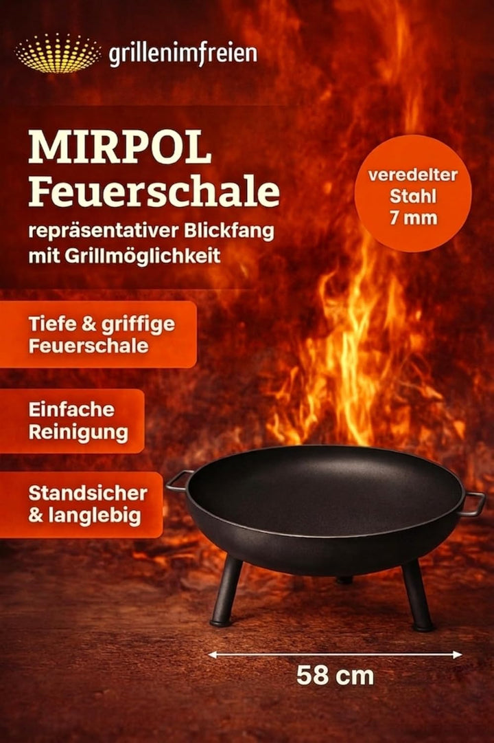 Mirpol Feuerschale Ø 43,5 cm, Rund, Schwarz Stahl, mit Griffen & 3 Standfüssen – Garten- & Terrassen