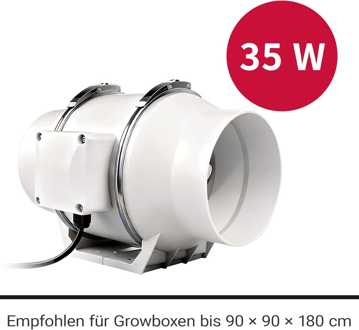 Rohrventilator 100mm, 220 m³/h, Rohrlüfter mit Stecker für Growzelt, Indoor, Gewächshaus, Hydrokultu