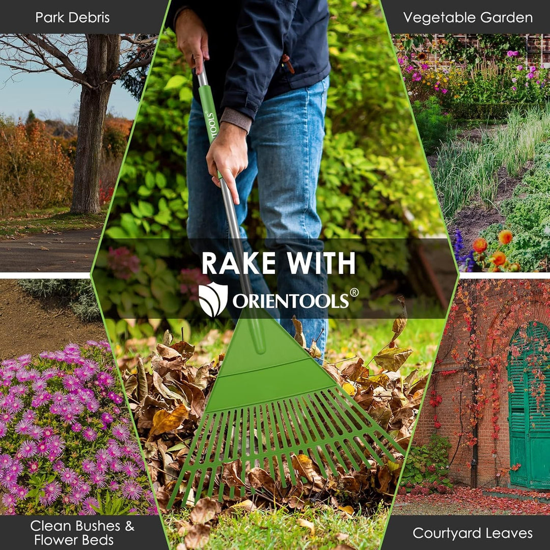 ORIENTOOLS Garten Laubrechen, Garten Rechen für Rasen Laub mit Faltbarer Griff 120 bis 165 cm Rechen