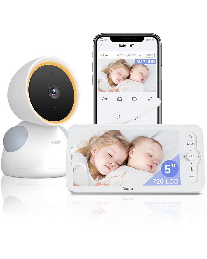 ARENTI Babyphone mit Kamera und App 2K/3MP, 5 Zoll WiFi Video Babyphone PTZ 355°, Automatische Verfo