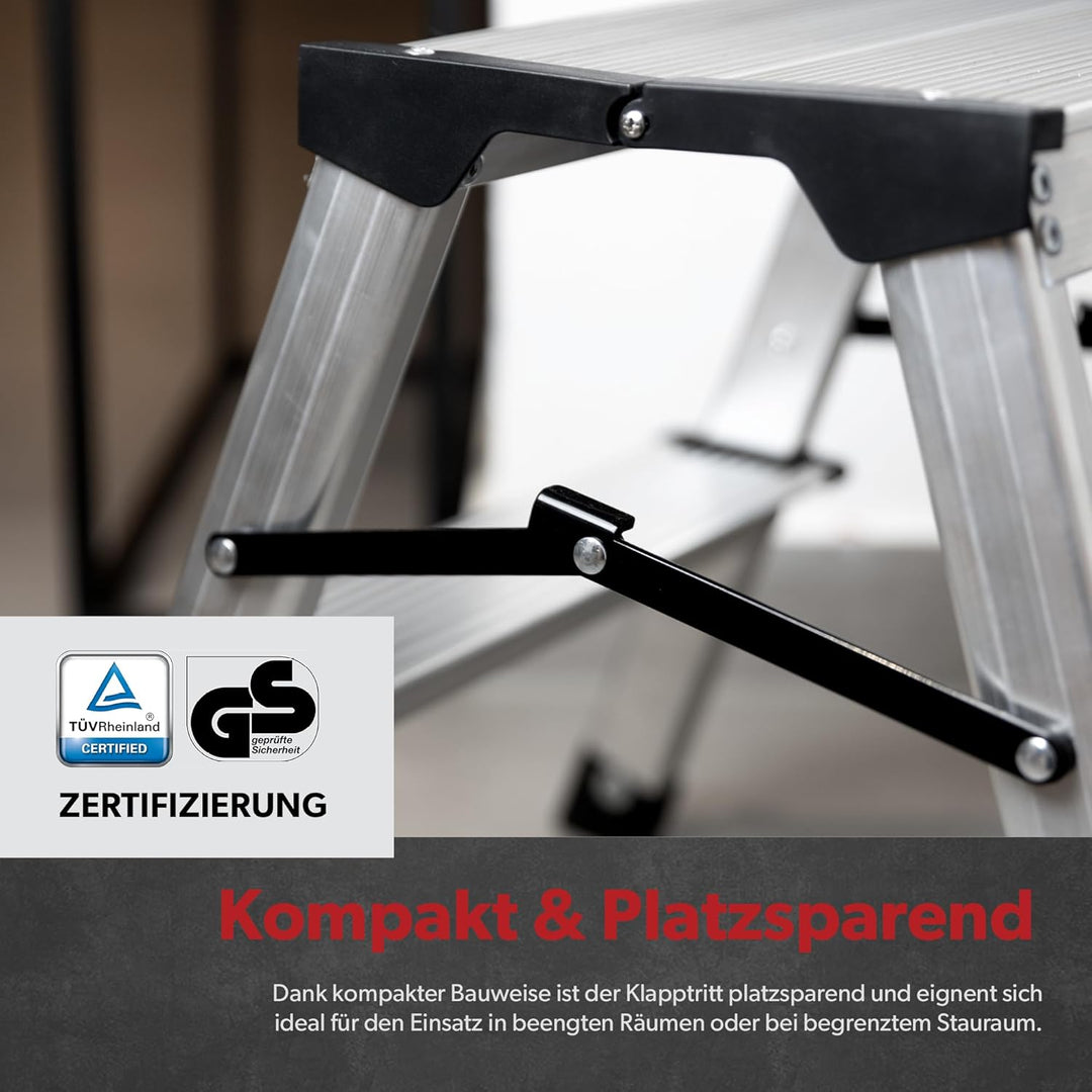siwitec Alumium-Klapptritt 2 Stufen | Kleine Trittleiter | rutschfeste Standfüsse | 150 kg Traglast